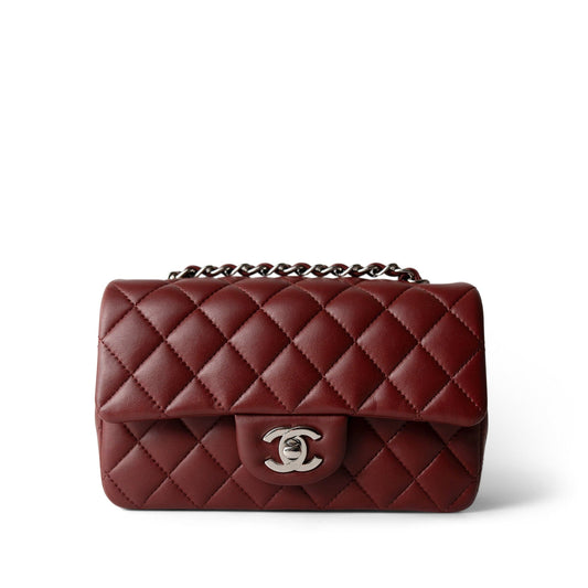Burgundy Lambskin Quilted Mini Rectangular Flap Silver Hardware