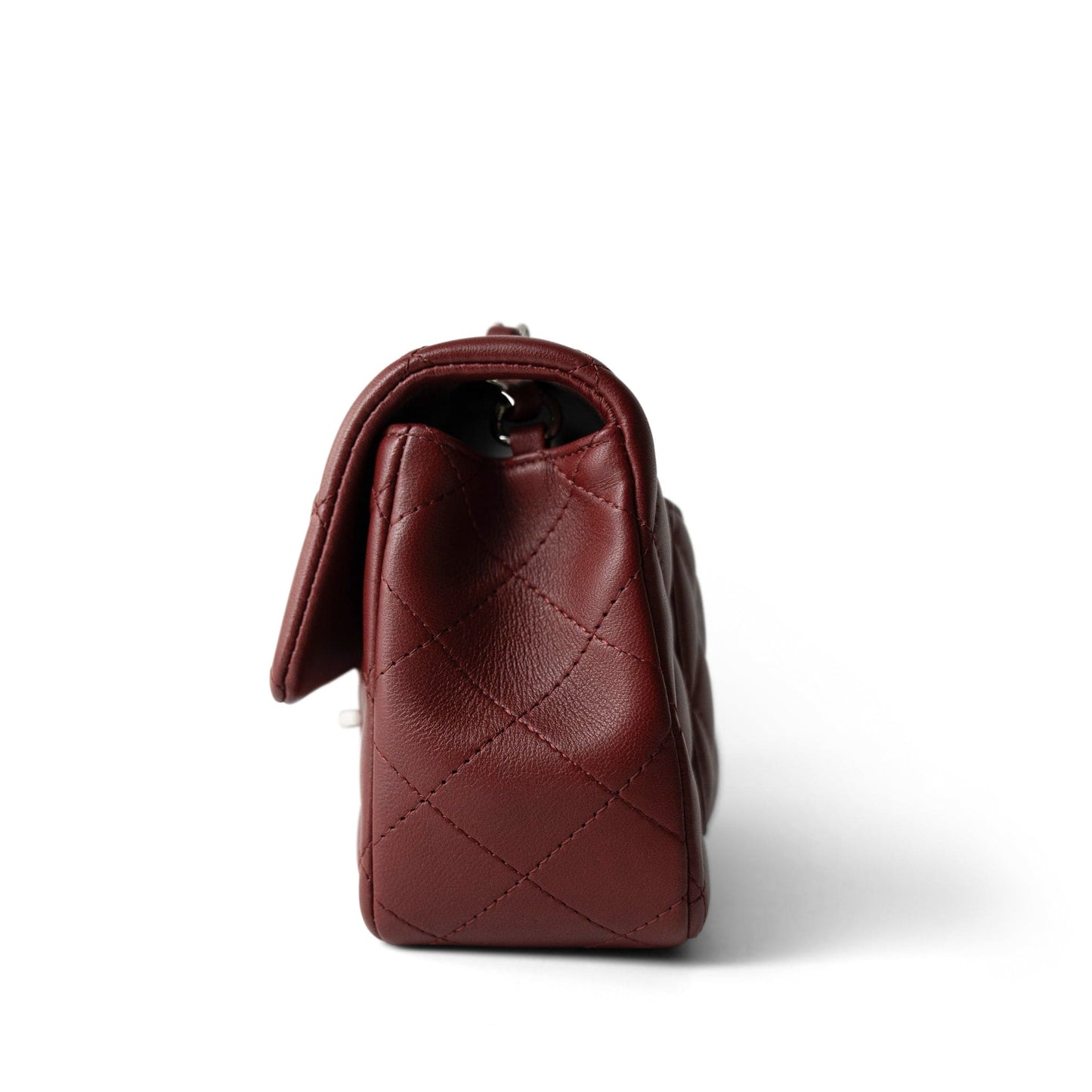 Burgundy Lambskin Quilted Mini Rectangular Flap Silver Hardware