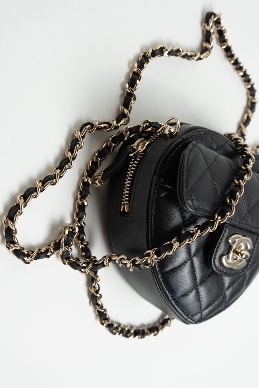 22S CC In Love Black Lambskin Quilted Small (Clutch on Chain) Heart Bag LGHW