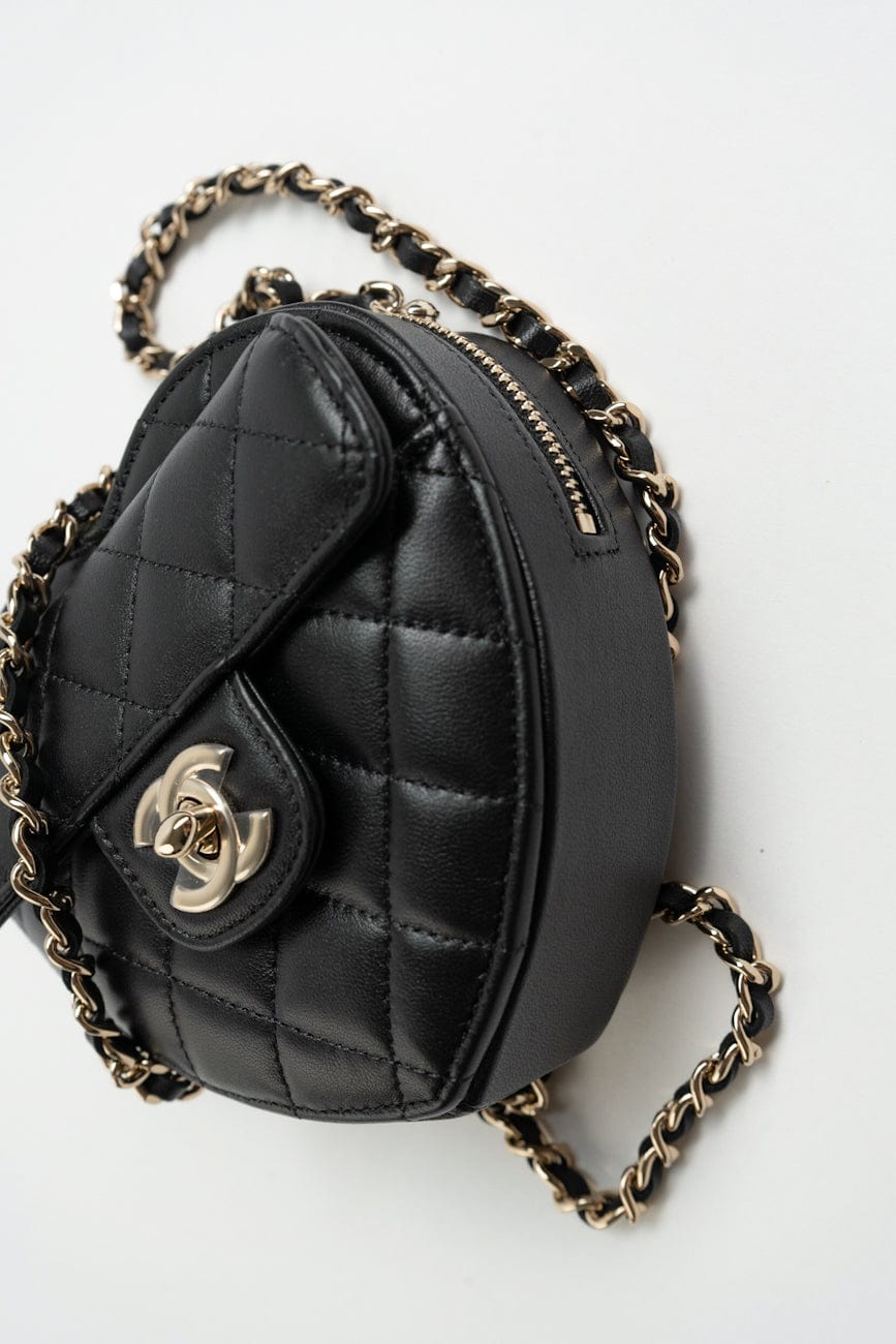 22S CC In Love Black Lambskin Quilted Small (Clutch on Chain) Heart Bag LGHW