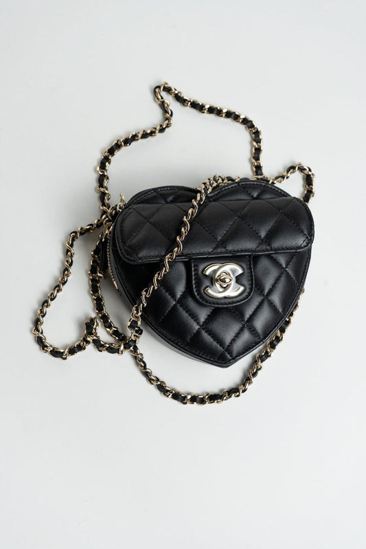 22S CC In Love Black Lambskin Quilted Small (Clutch on Chain) Heart Bag LGHW