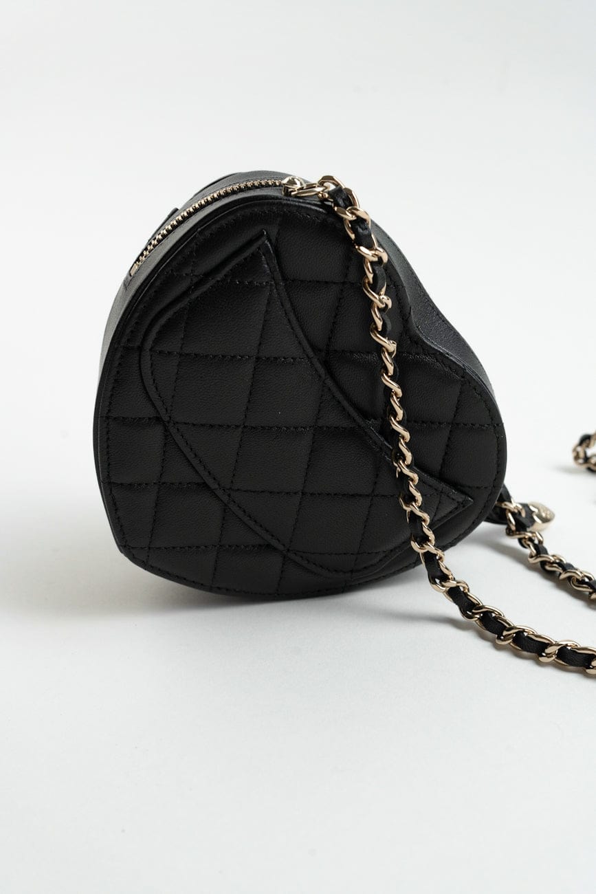 22S CC In Love Black Lambskin Quilted Small (Clutch on Chain) Heart Bag LGHW