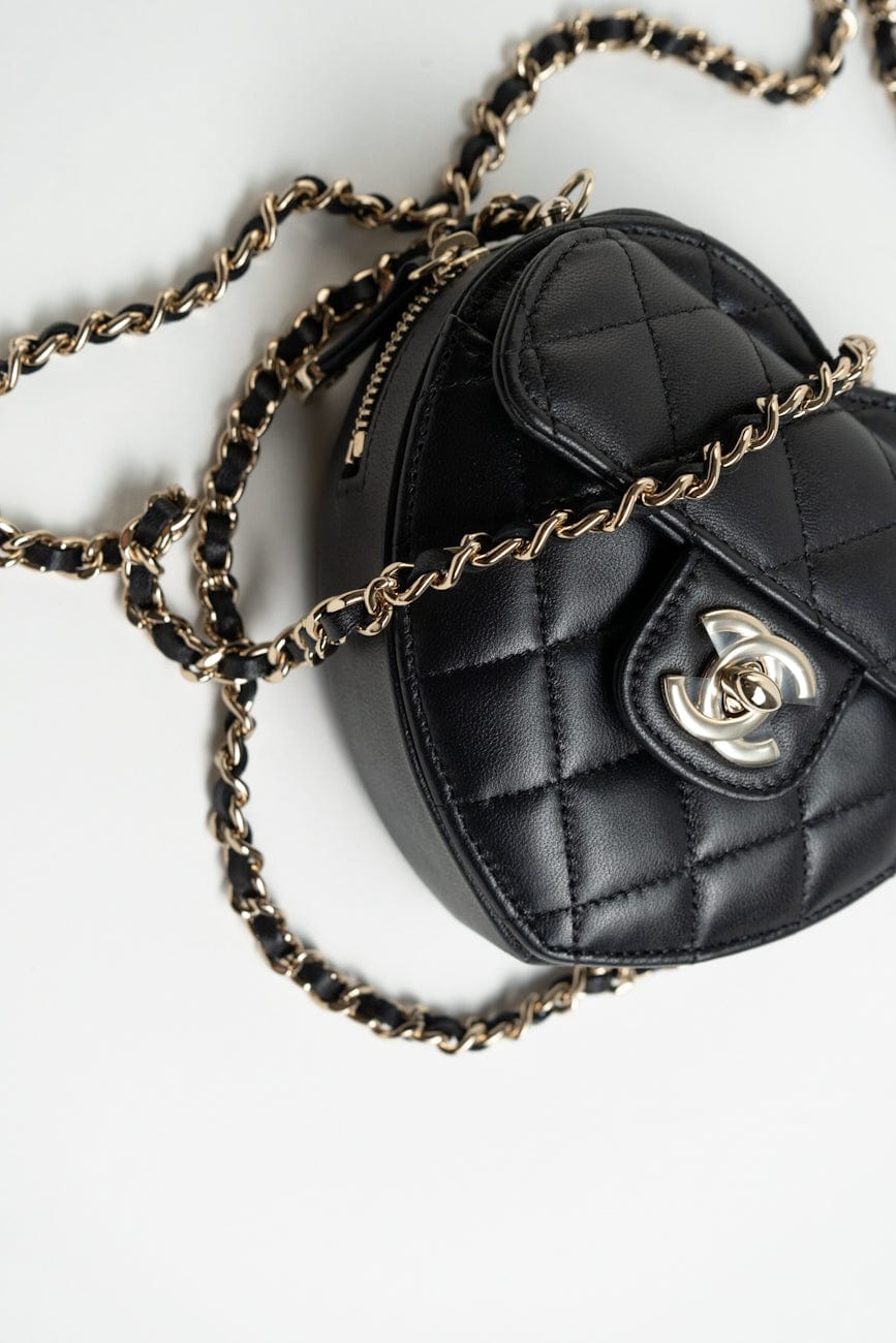 22S CC In Love Black Lambskin Quilted Small (Clutch on Chain) Heart Bag LGHW