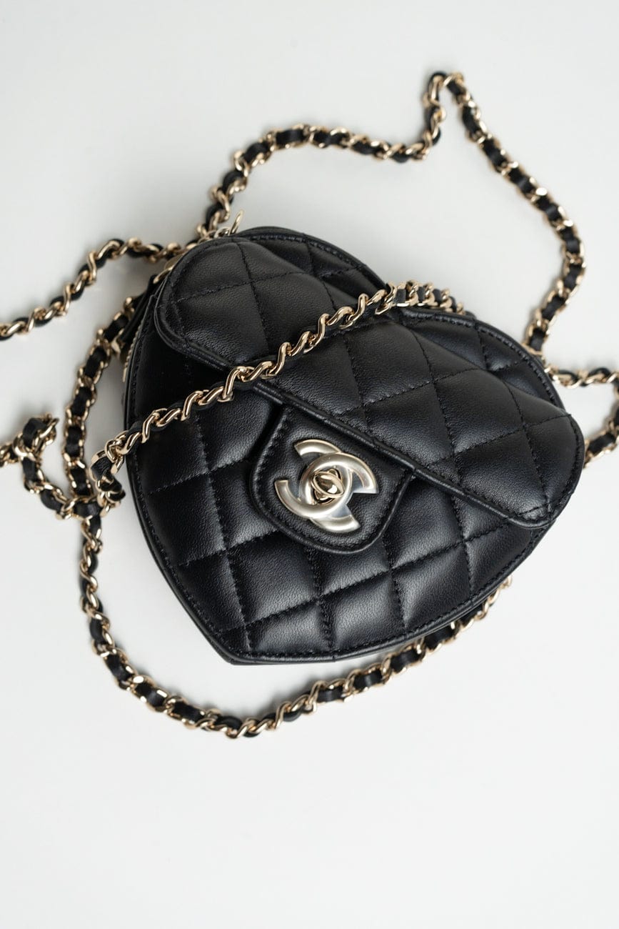 22S CC In Love Black Lambskin Quilted Small (Clutch on Chain) Heart Bag LGHW