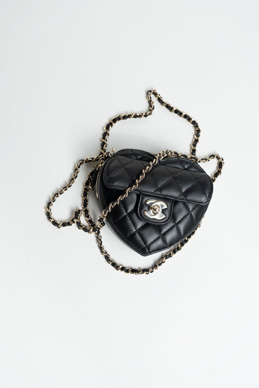 22S CC In Love Black Lambskin Quilted Small (Clutch on Chain) Heart Bag LGHW