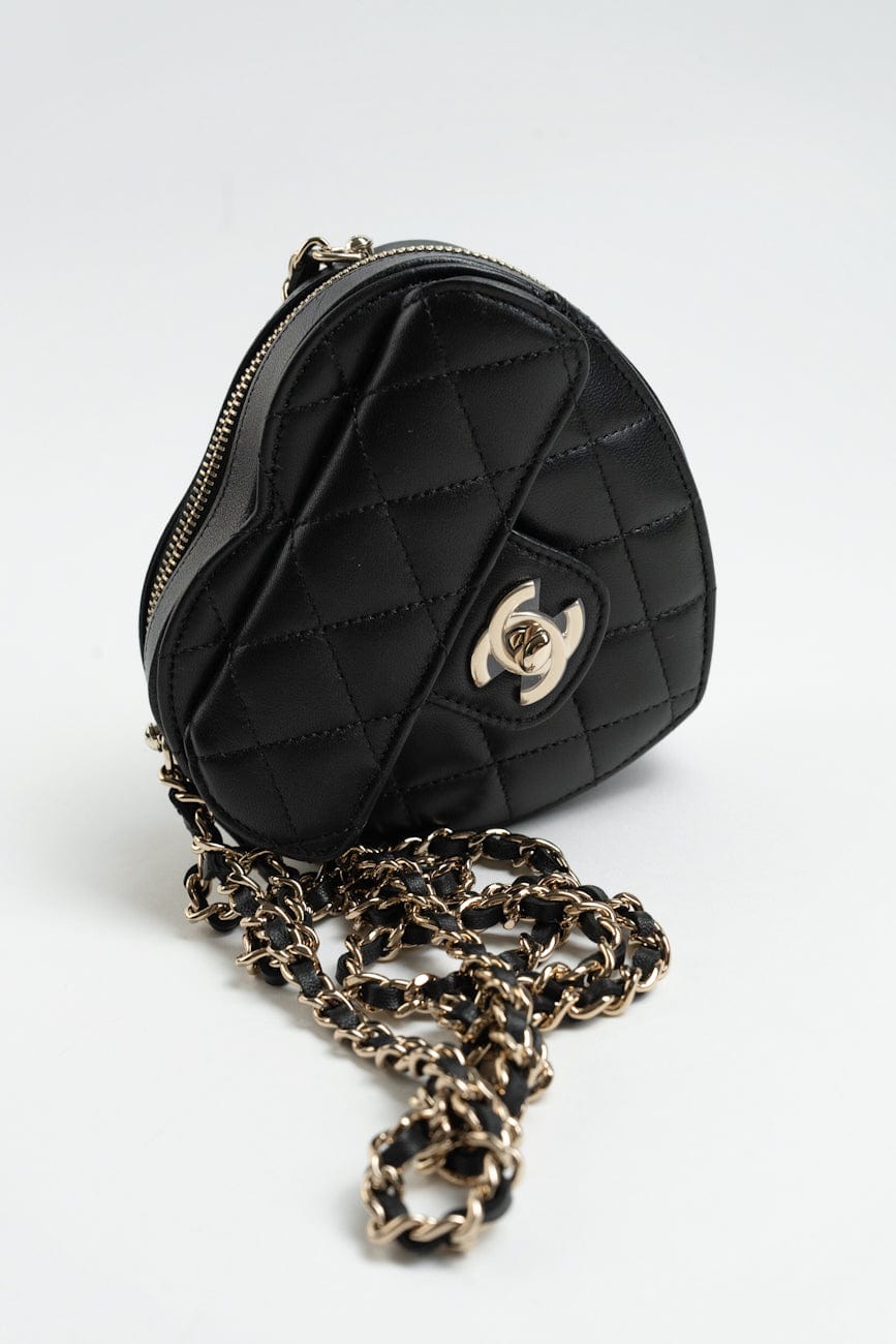 22S CC In Love Black Lambskin Quilted Small (Clutch on Chain) Heart Bag LGHW