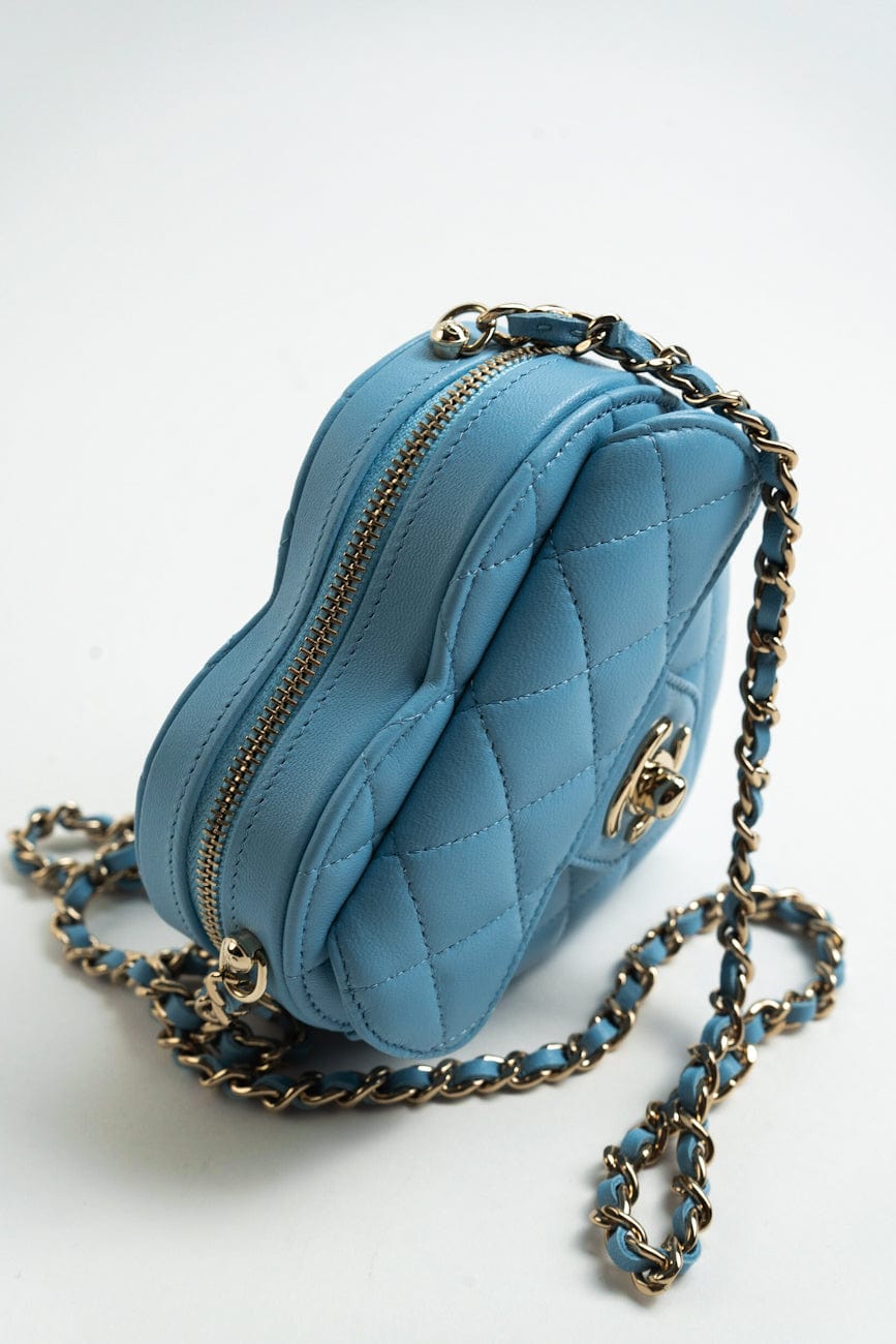 22S CC In Love Blue Lambskin Quilted Small (Clutch on Chain) Heart Bag LGHW