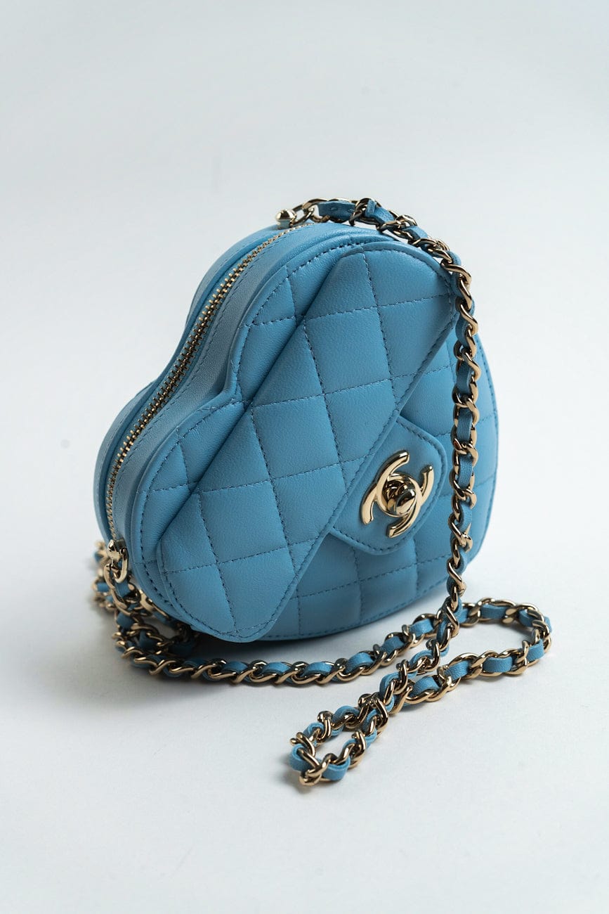 22S CC In Love Blue Lambskin Quilted Small (Clutch on Chain) Heart Bag LGHW
