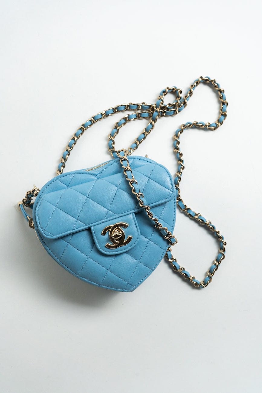 22S CC In Love Blue Lambskin Quilted Small (Clutch on Chain) Heart Bag LGHW
