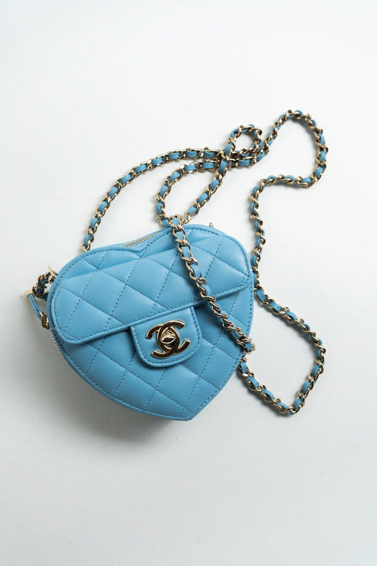 22S CC In Love Blue Lambskin Quilted Small (Clutch on Chain) Heart Bag LGHW