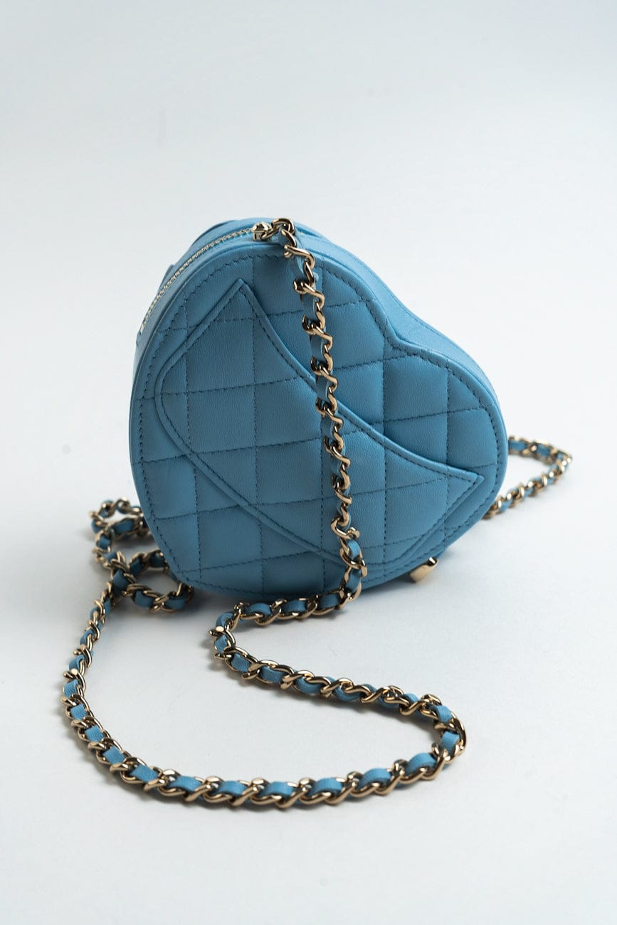 22S CC In Love Blue Lambskin Quilted Small (Clutch on Chain) Heart Bag LGHW