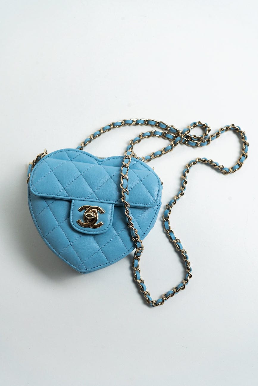 22S CC In Love Blue Lambskin Quilted Small (Clutch on Chain) Heart Bag LGHW