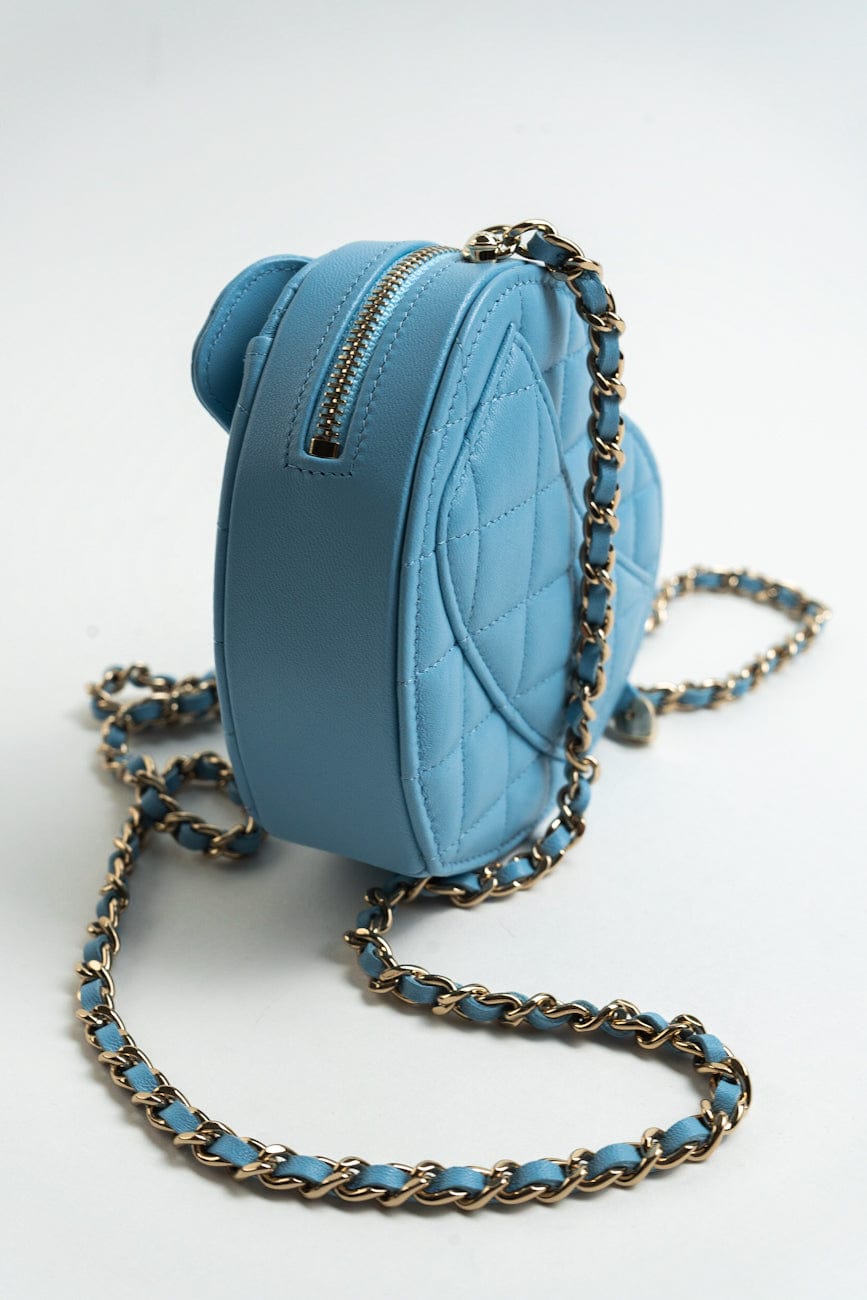 22S CC In Love Blue Lambskin Quilted Small (Clutch on Chain) Heart Bag LGHW