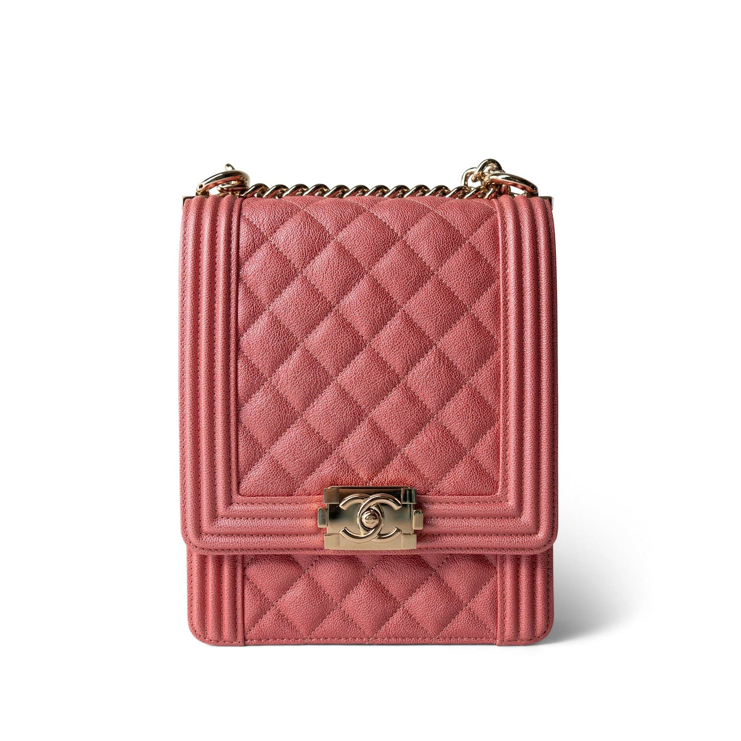 Coral Pink Caviar Quilted North South Boy Bag Light Gold Hardware