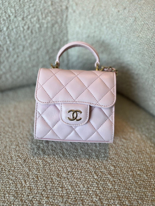 22P Light Pink Lambskin Quilted Micro Vanity w/ Top Handle