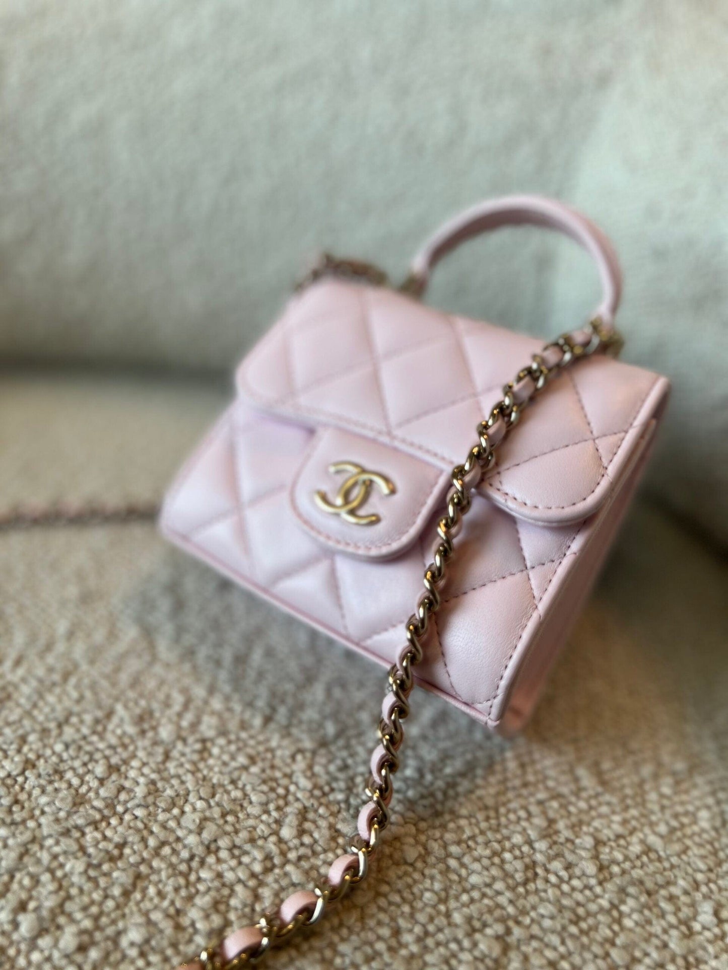 22P Light Pink Lambskin Quilted Micro Vanity w/ Top Handle