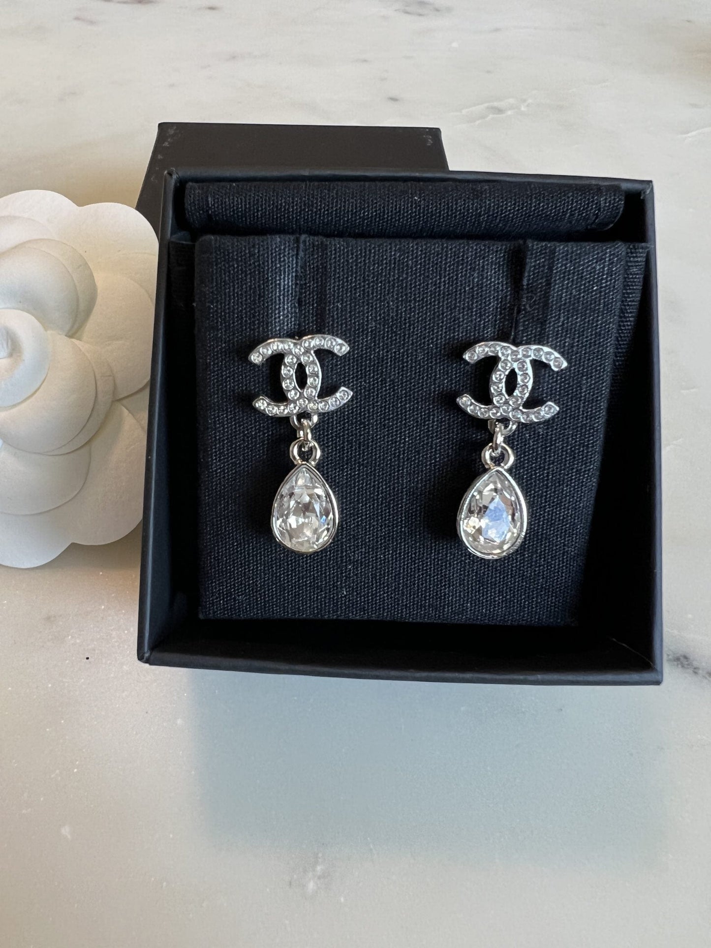 Chanel 21K Silver Crystal Drop Earrings