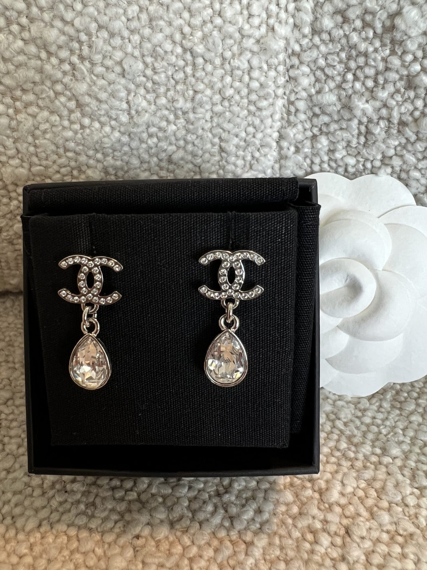 Chanel 21K Silver Crystal Drop Earrings