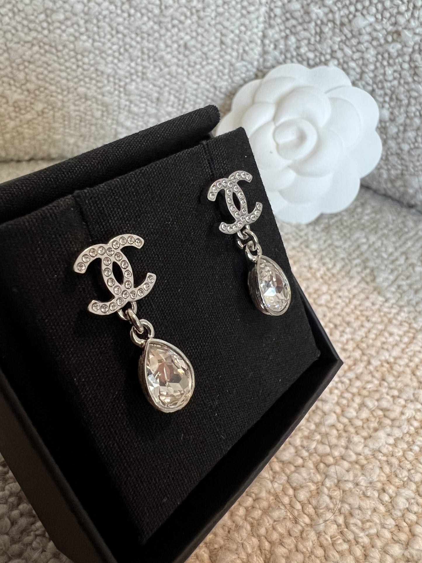 Chanel 21K Silver Crystal Drop Earrings