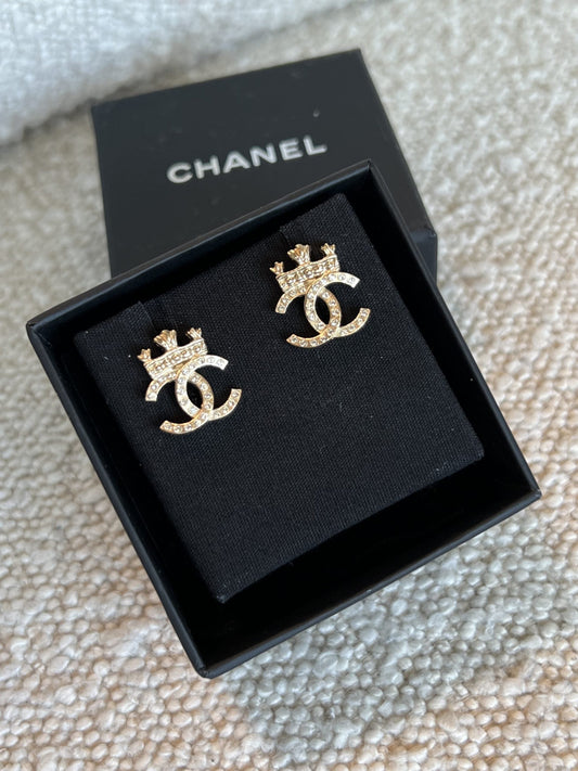 Chanel Crystal CC Crown Gold Earrings