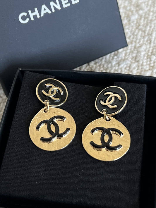 Chanel Gold Tone Black CC Logo Round Earrings