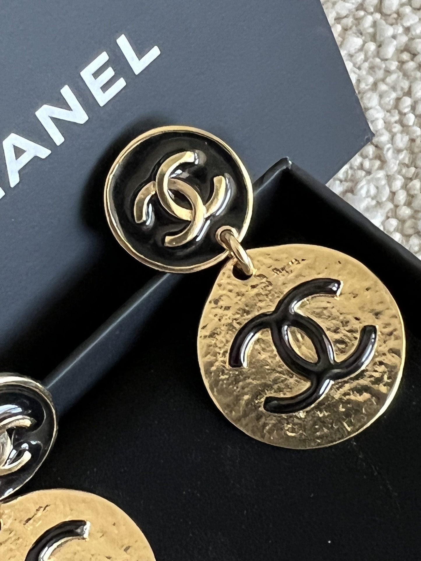Chanel Gold Tone Black CC Logo Round Earrings