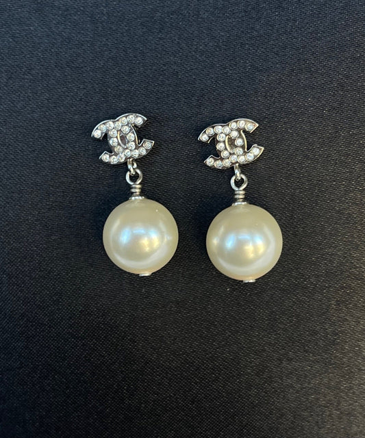 Chanel Pearl Mini Crystal CC Logo Drop Earrings