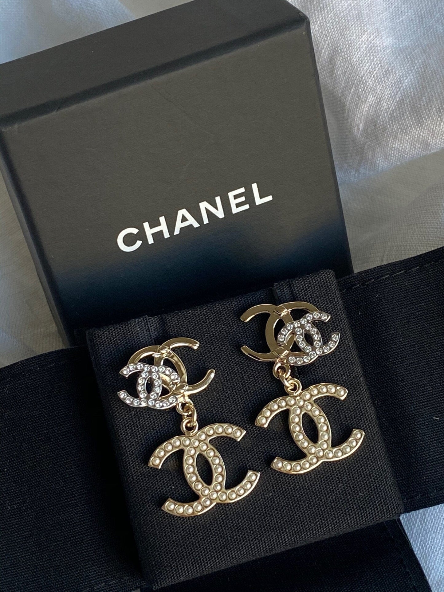 Chanel Triple CC Pearly White Earrings Light Gold and Silver