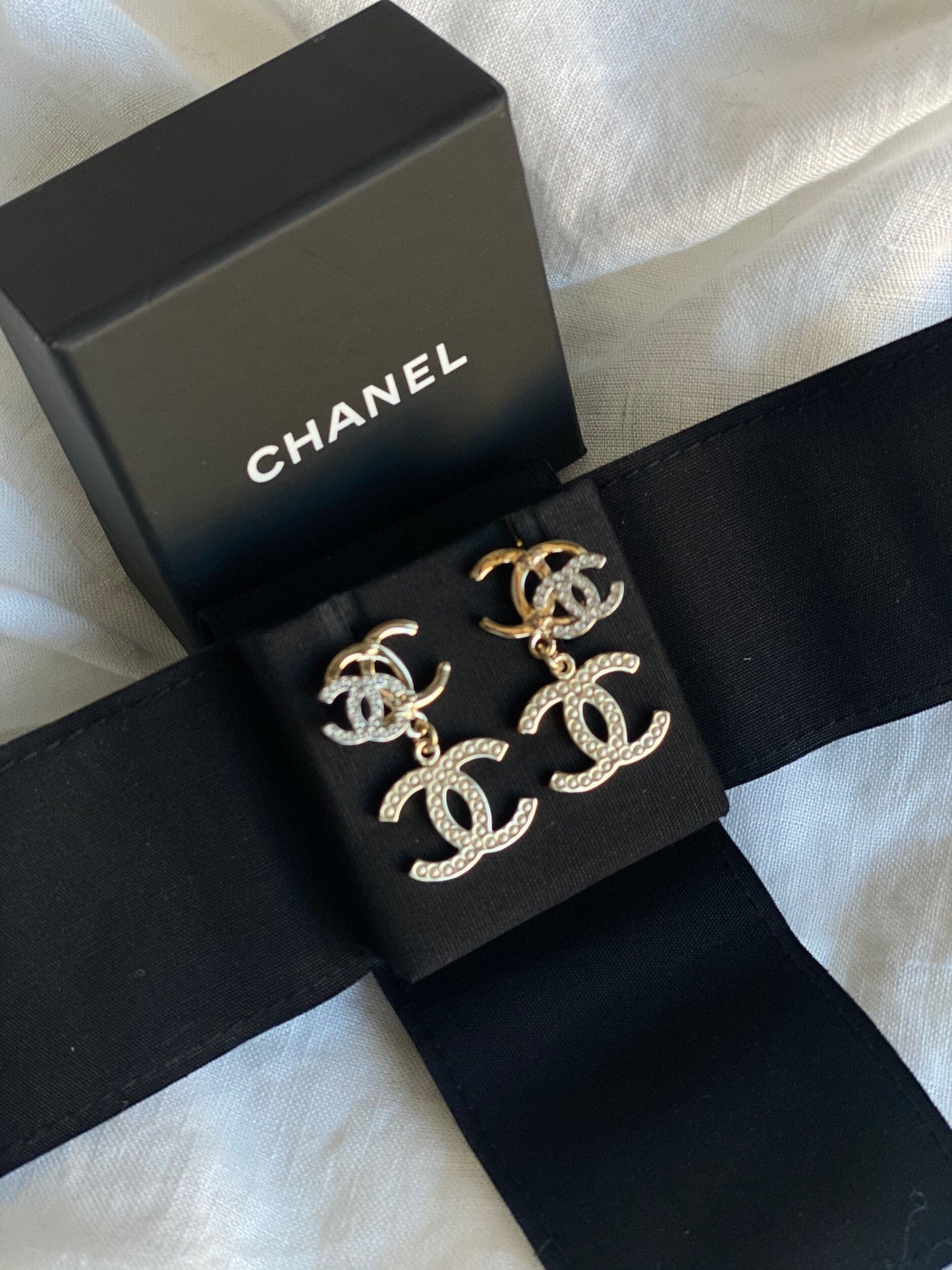 Chanel Triple CC Pearly White Earrings Light Gold and Silver