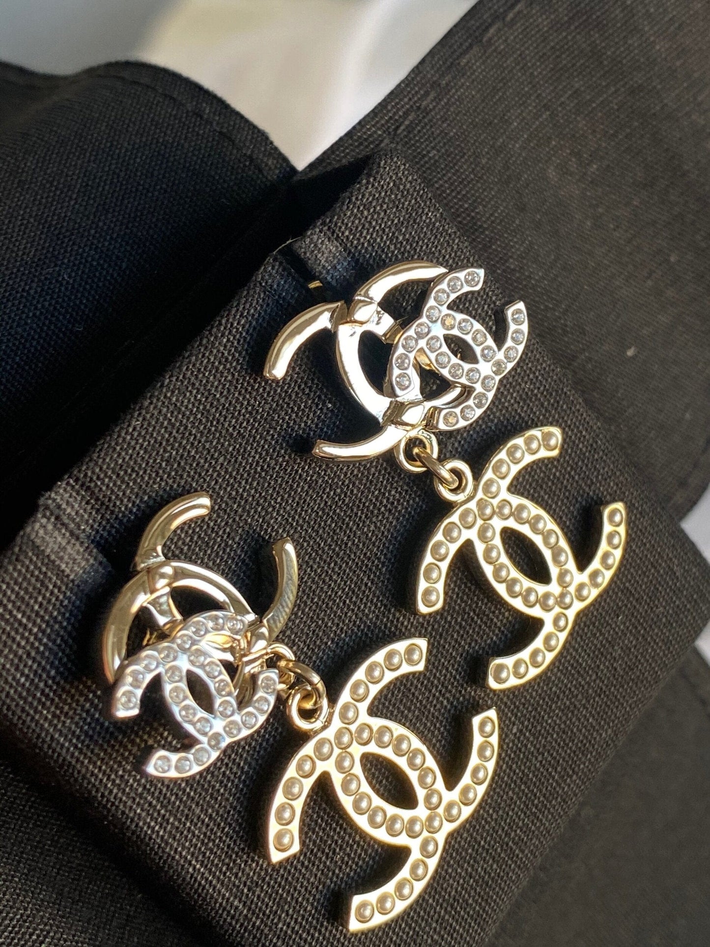 Chanel Triple CC Pearly White Earrings Light Gold and Silver