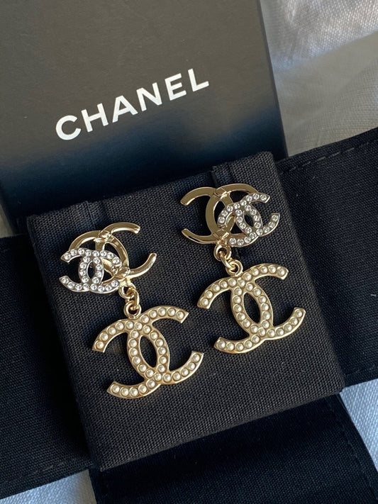 Chanel Triple CC Pearly White Earrings Light Gold and Silver