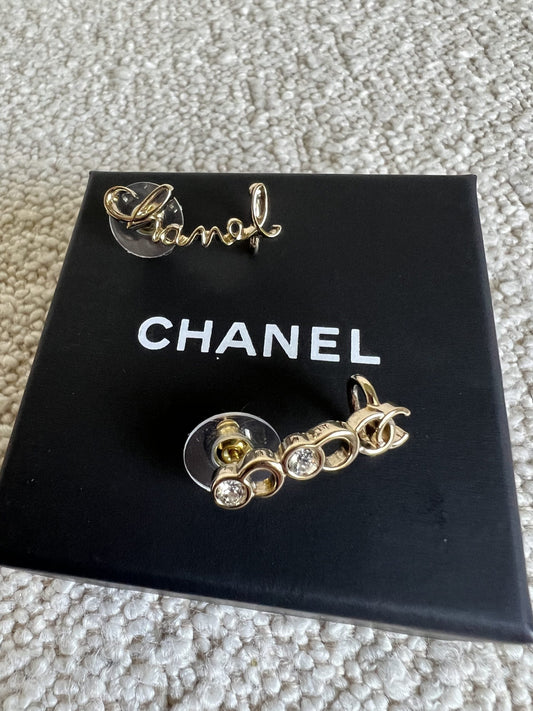 Chanel and Crystal Earrings Light Gold