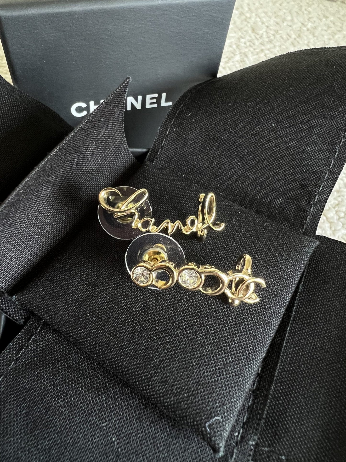 Chanel and Crystal Earrings Light Gold