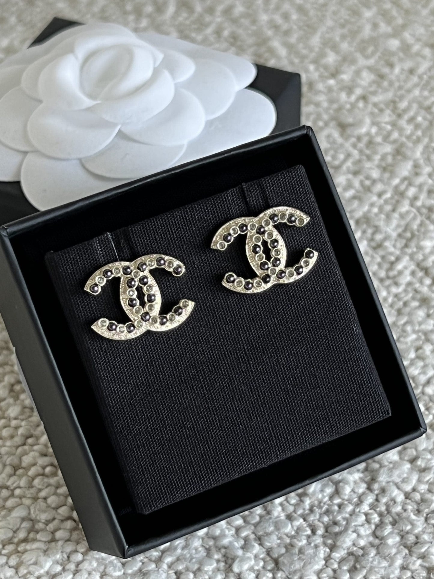 Chanel CC Crystal and Dark Pearl Earrings