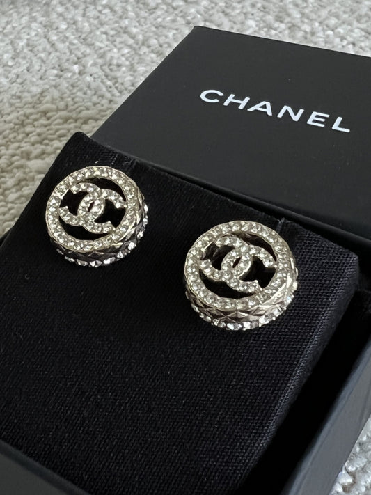 Chanel Gold Crystal Circle Round CC Earrings