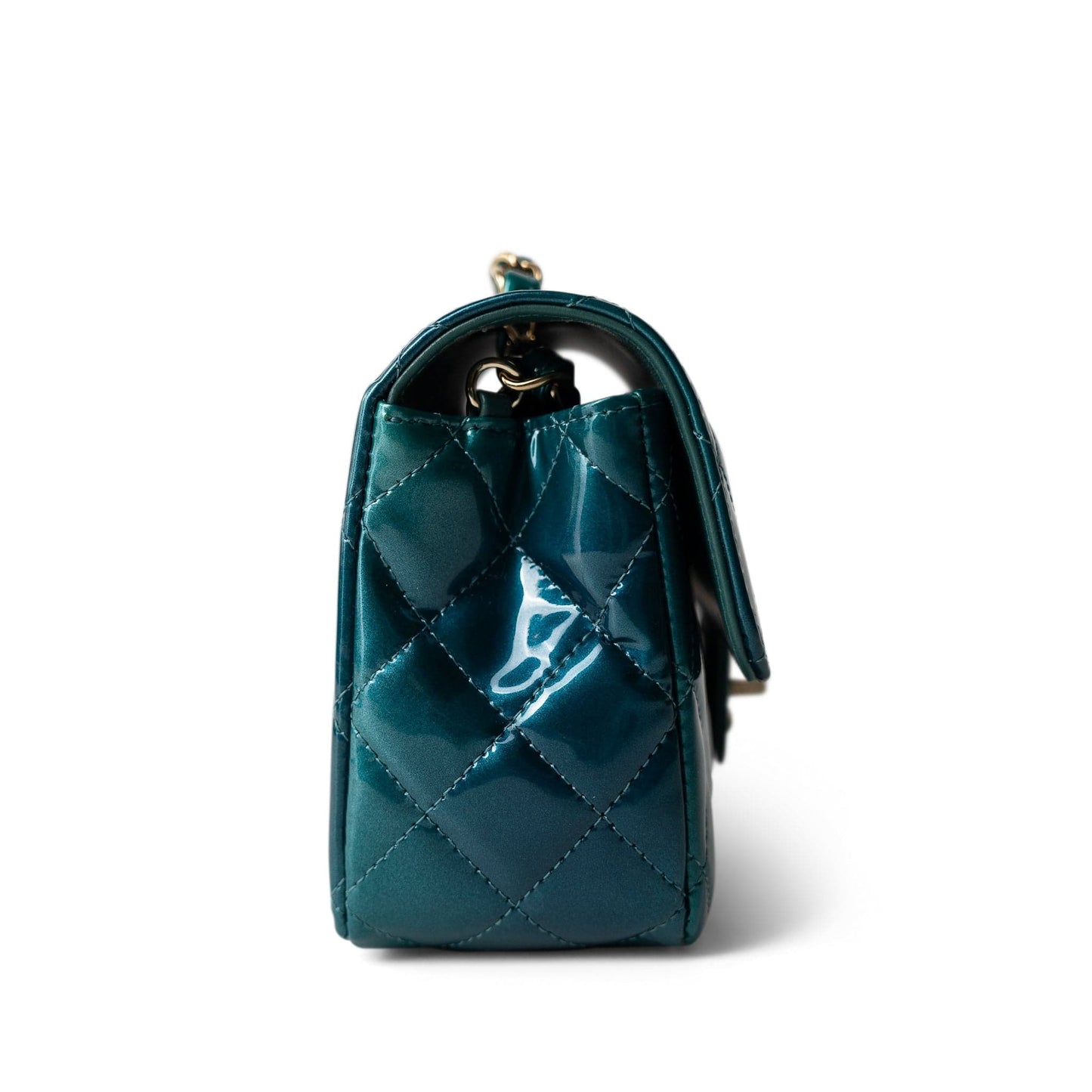 23P Multi Tone Green Patent Quilted Mini Rectangular Flap Light Gold Hardware