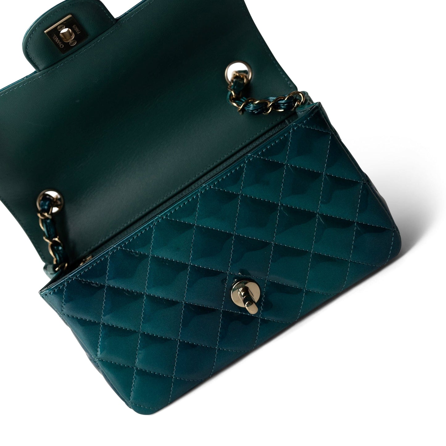 23P Multi Tone Green Patent Quilted Mini Rectangular Flap Light Gold Hardware