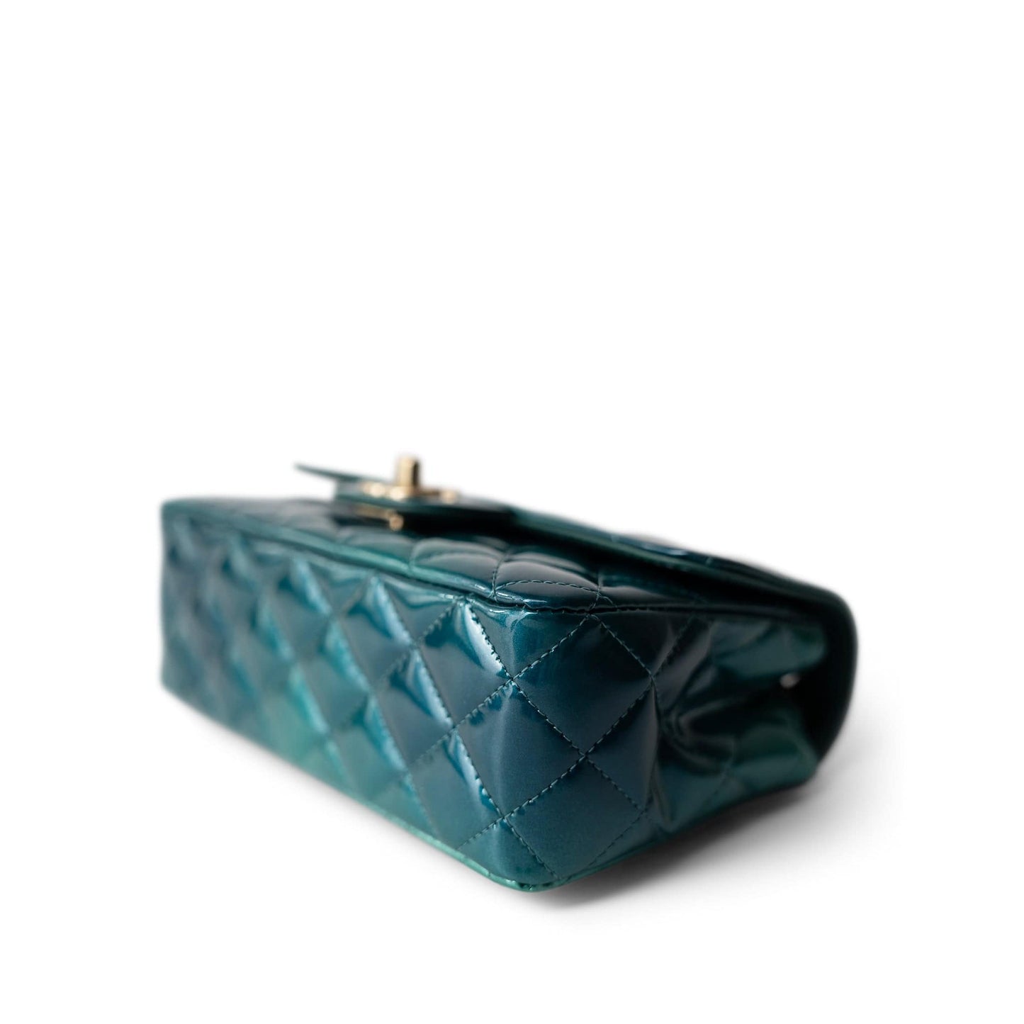 23P Multi Tone Green Patent Quilted Mini Rectangular Flap Light Gold Hardware