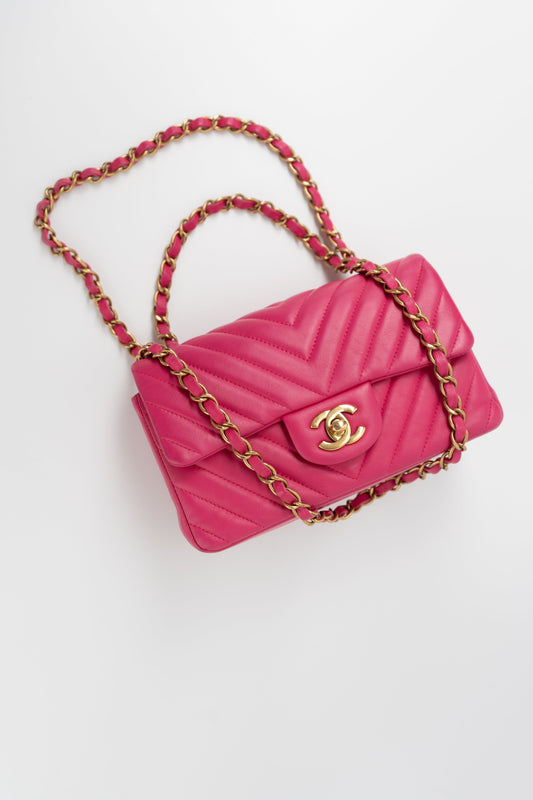 15s Pink Lambskin Chevron Mini Rectangular Flap Aged Gold Hardware
