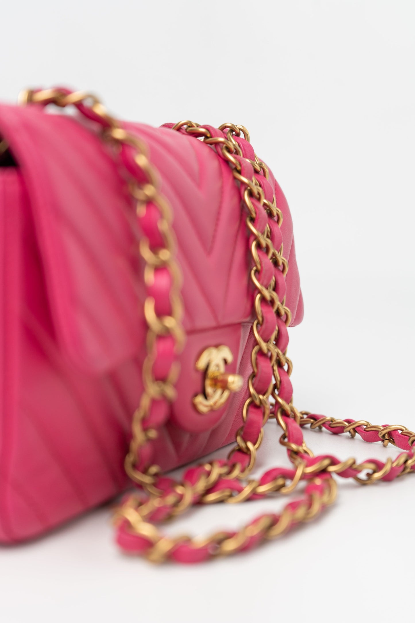 15s Pink Lambskin Chevron Mini Rectangular Flap Aged Gold Hardware