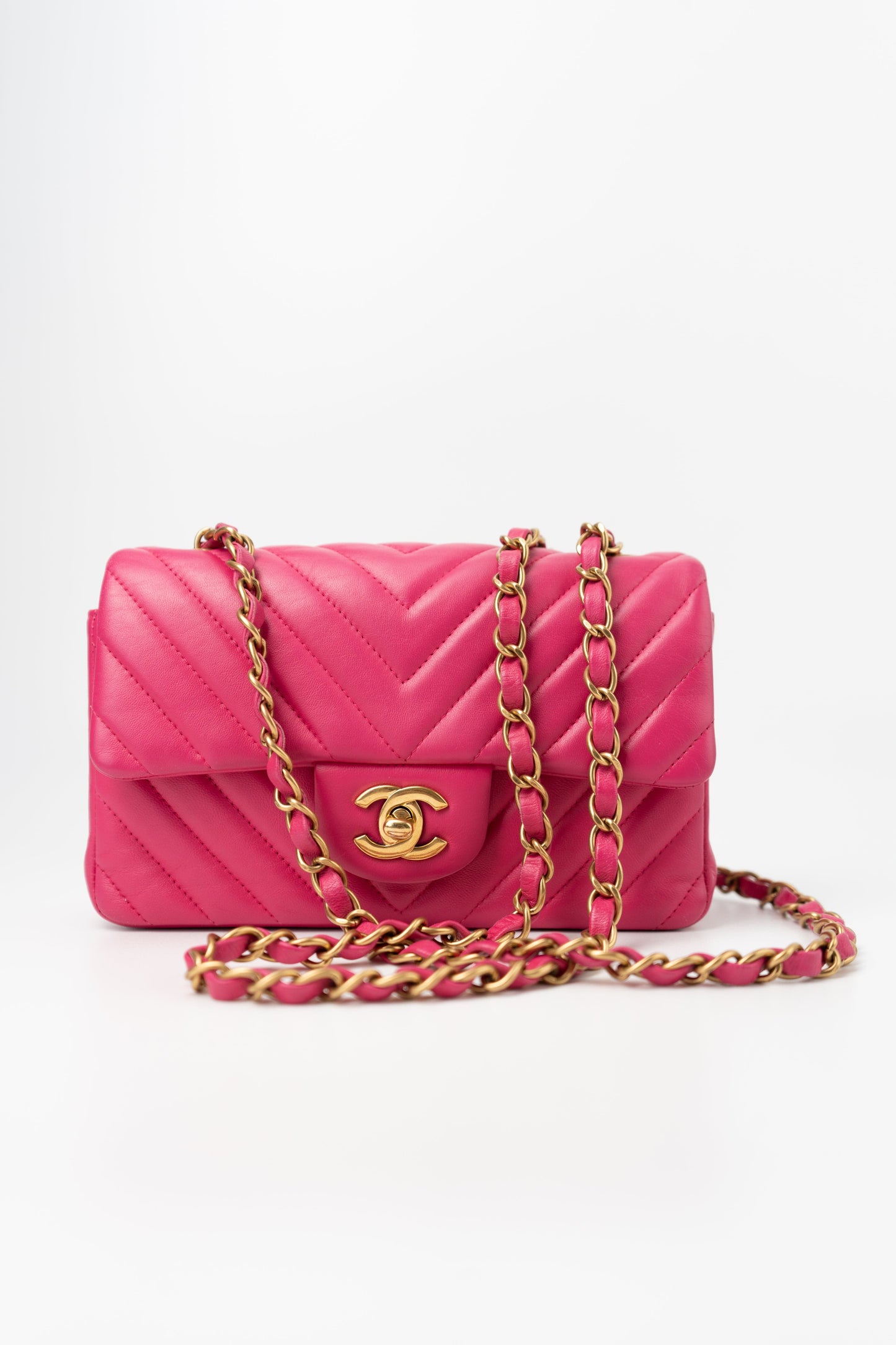 15s Pink Lambskin Chevron Mini Rectangular Flap Aged Gold Hardware