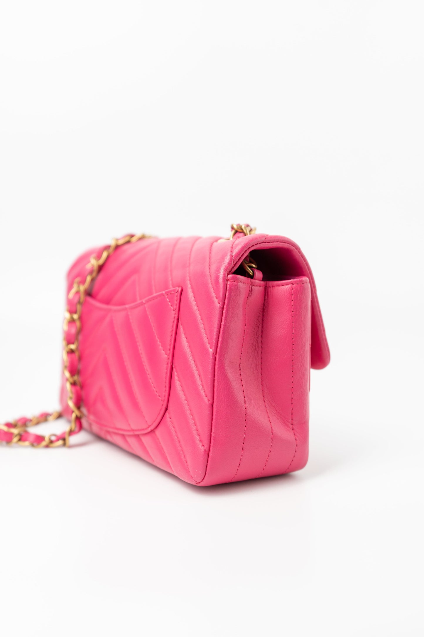 15s Pink Lambskin Chevron Mini Rectangular Flap Aged Gold Hardware