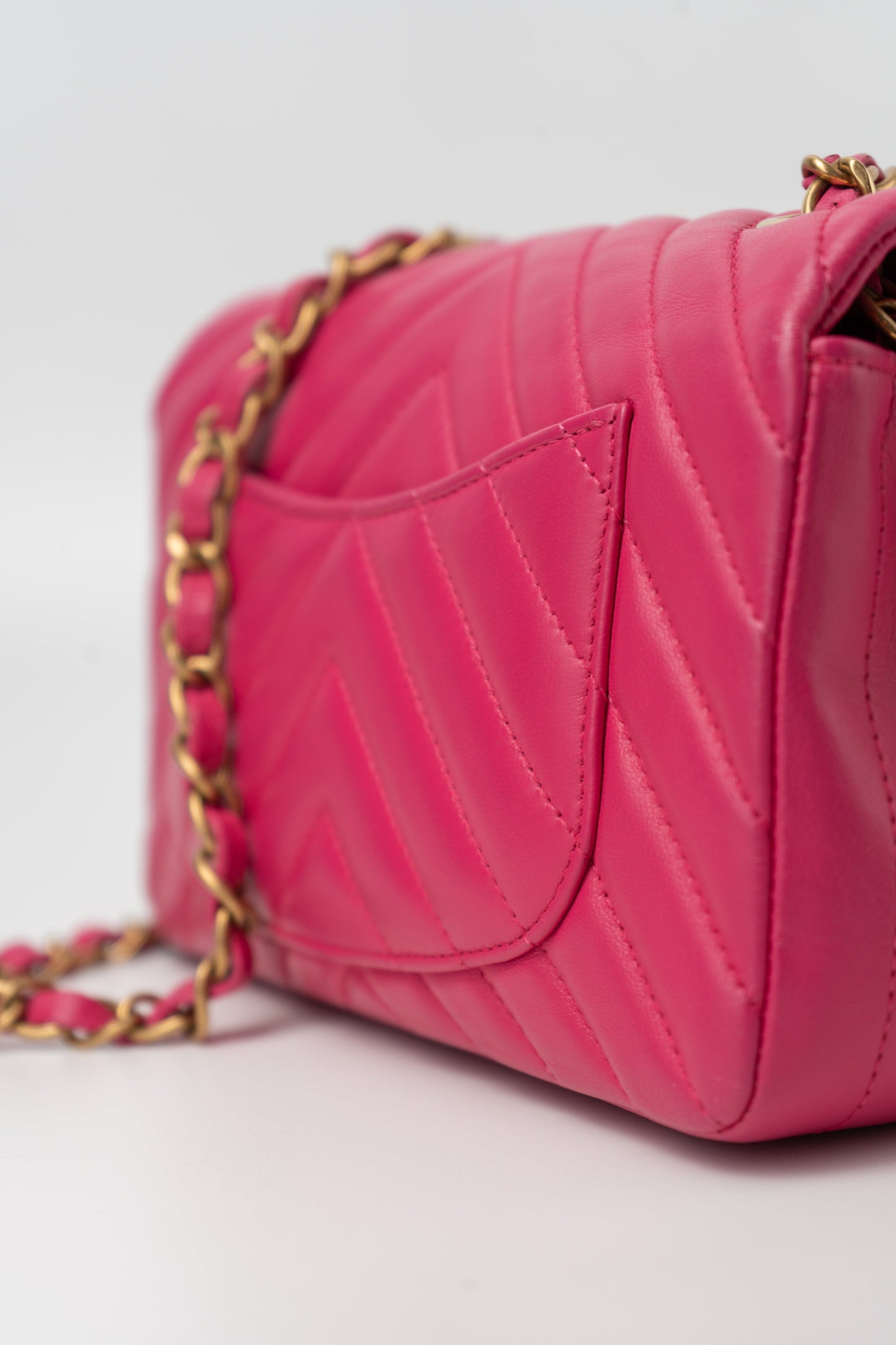 15s Pink Lambskin Chevron Mini Rectangular Flap Aged Gold Hardware