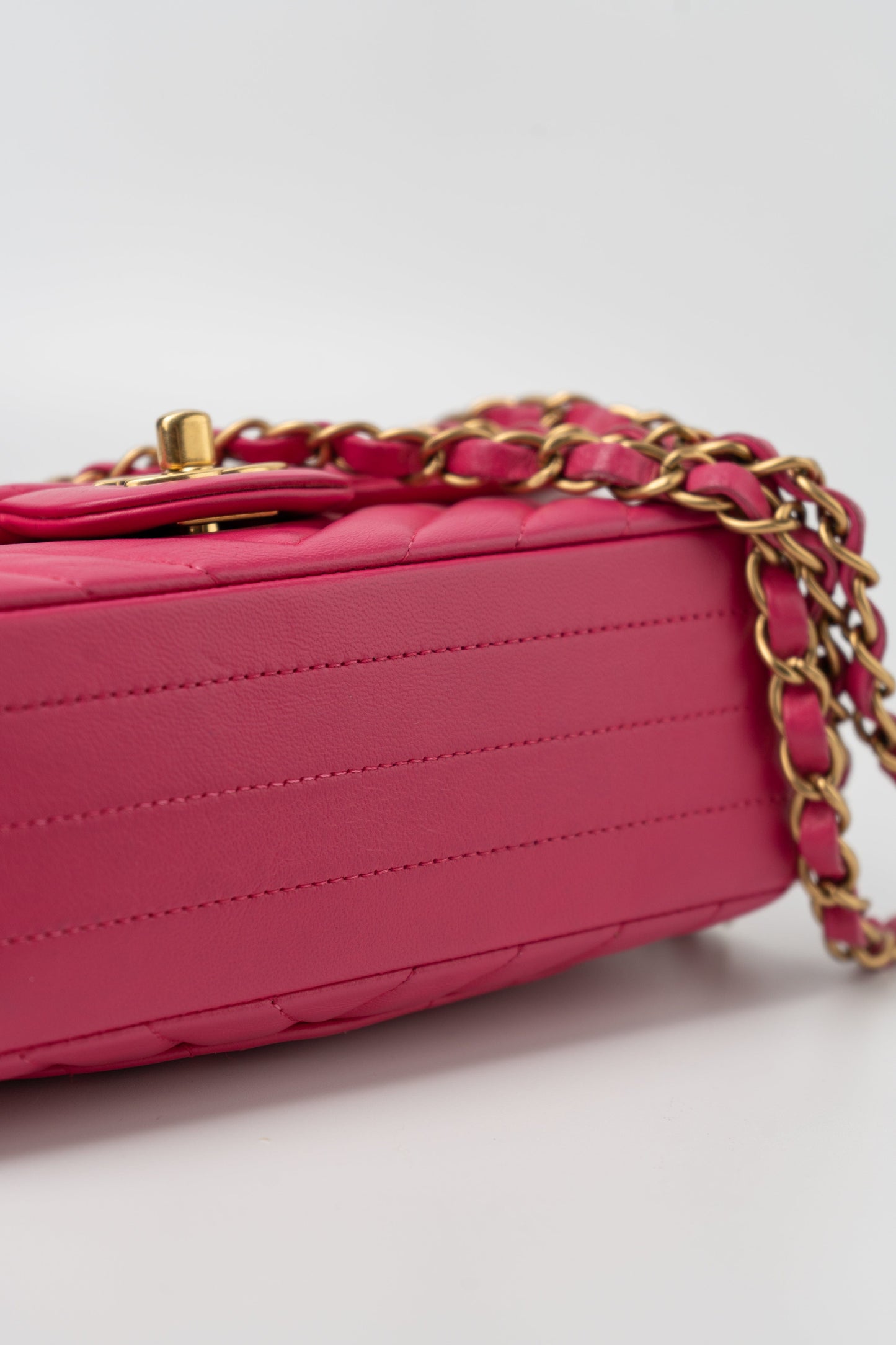 15s Pink Lambskin Chevron Mini Rectangular Flap Aged Gold Hardware