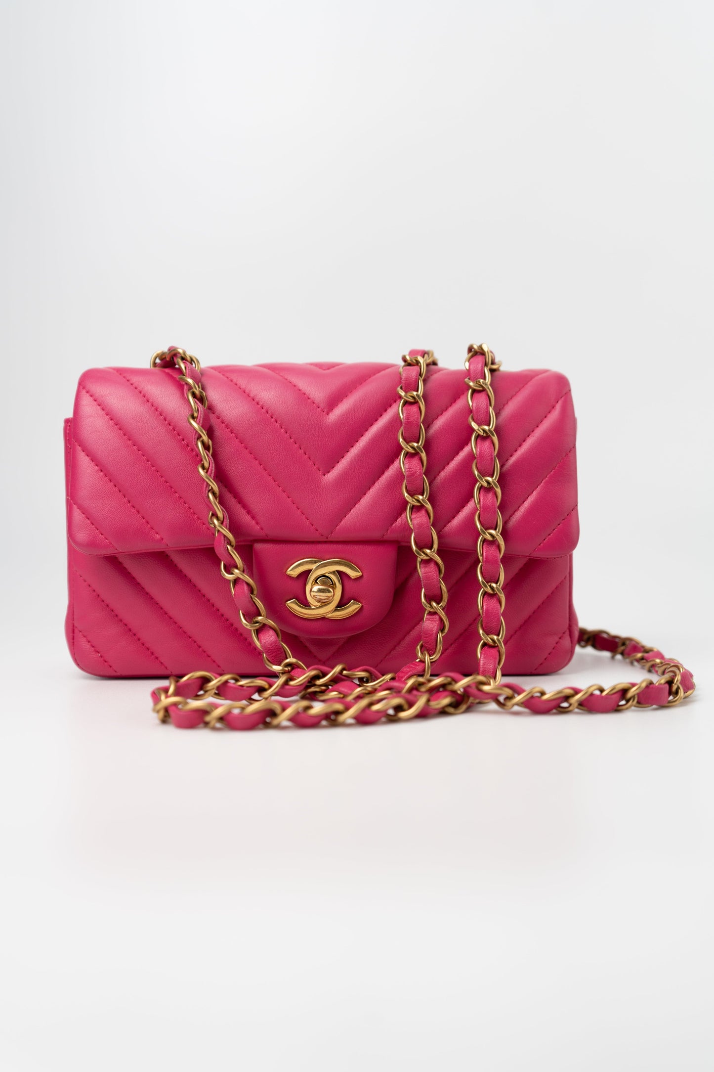 15s Pink Lambskin Chevron Mini Rectangular Flap Aged Gold Hardware