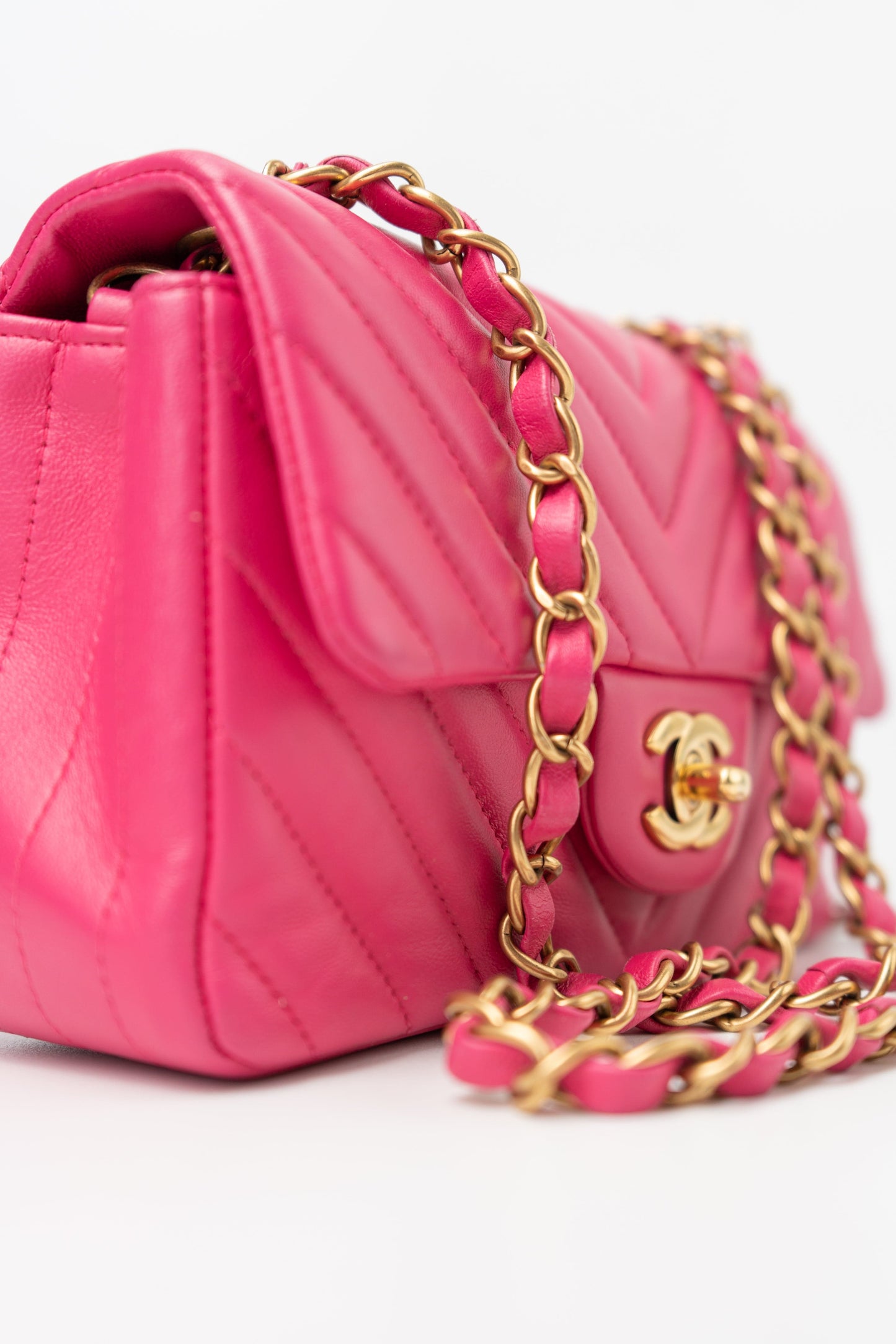 15s Pink Lambskin Chevron Mini Rectangular Flap Aged Gold Hardware