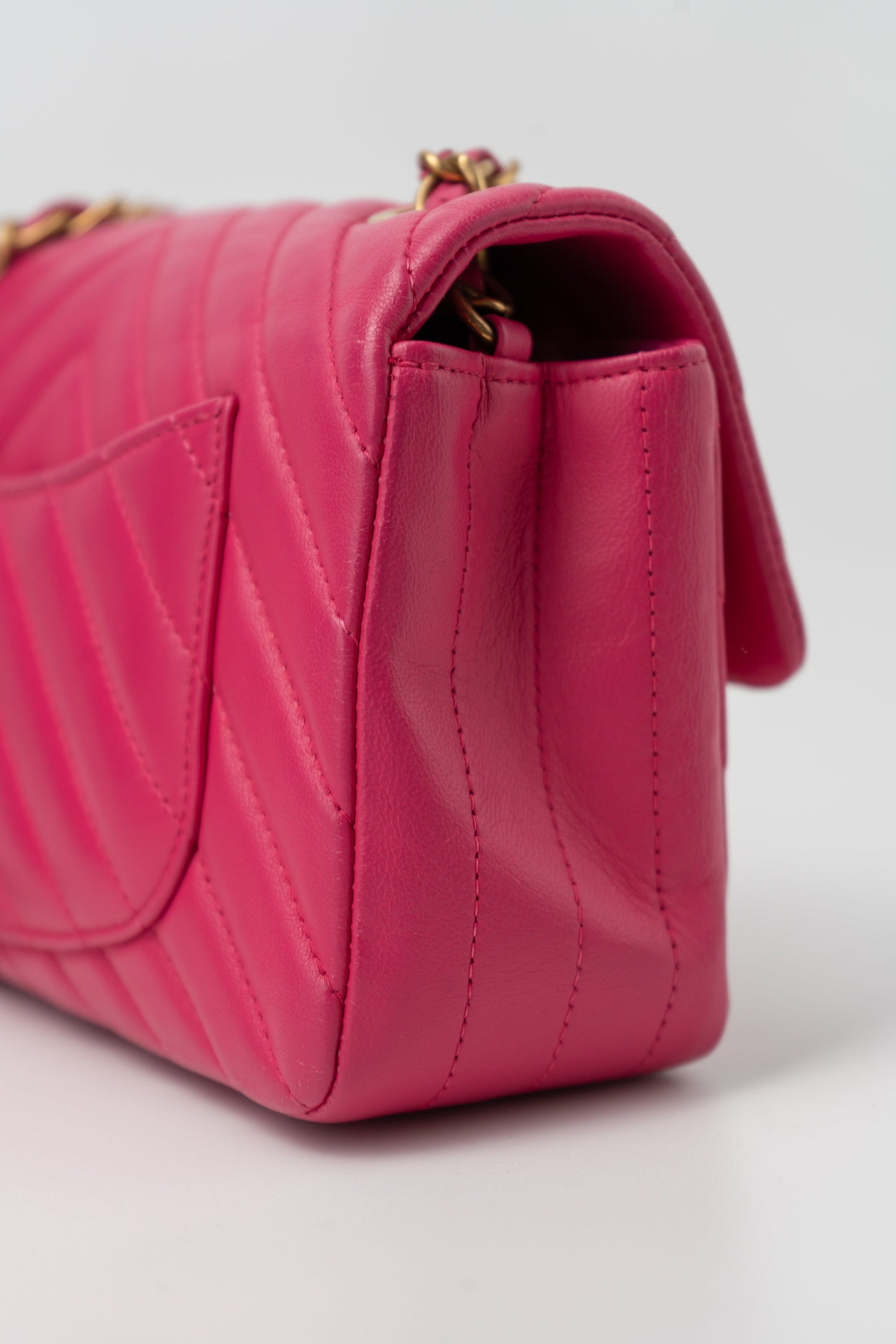15s Pink Lambskin Chevron Mini Rectangular Flap Aged Gold Hardware