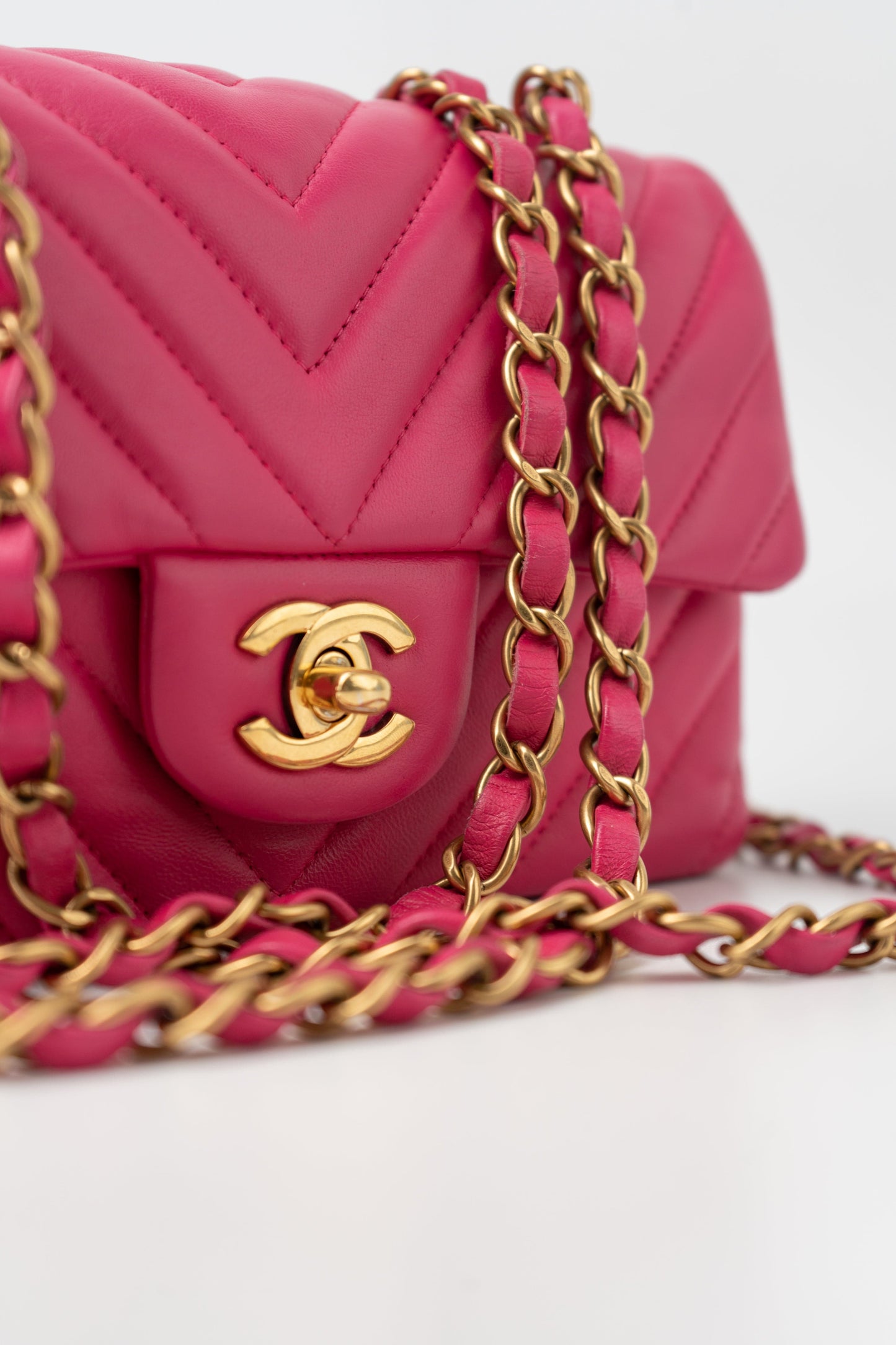15s Pink Lambskin Chevron Mini Rectangular Flap Aged Gold Hardware