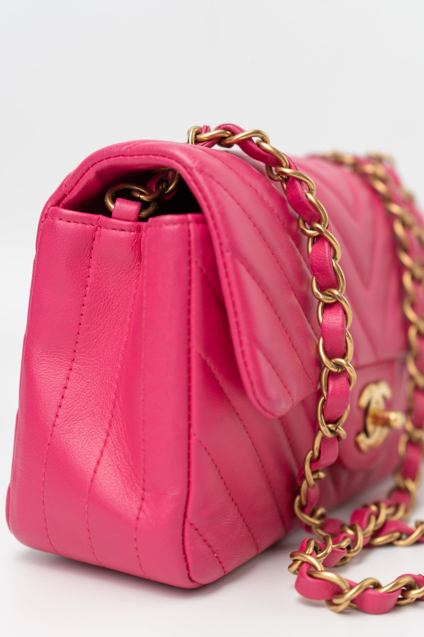 15s Pink Lambskin Chevron Mini Rectangular Flap Aged Gold Hardware