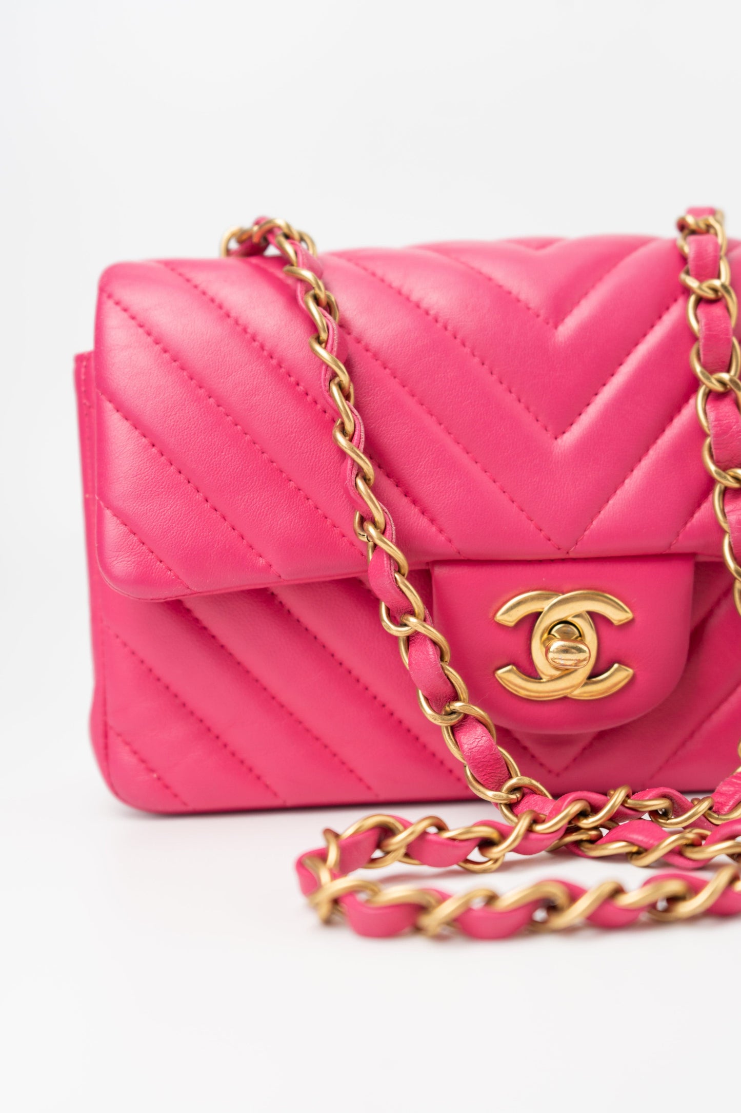 15s Pink Lambskin Chevron Mini Rectangular Flap Aged Gold Hardware